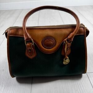 VINTAGE Dooney & Bourke GREEN & TAN pebble AWL Leather R721 SATCHEL Miss Strap